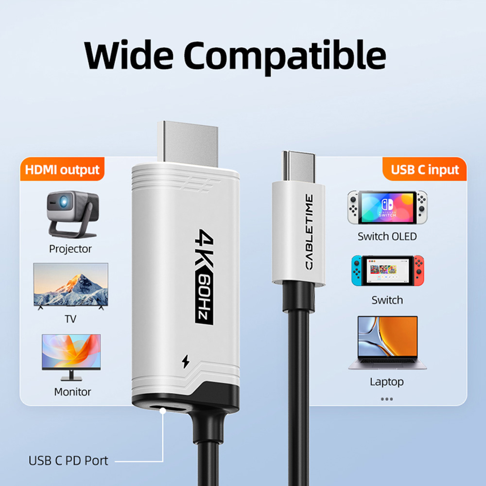 Кабель CABLETIME CC17L USB Type-C (M) - HDMI (M) PD100W 4K/60Hz 2 м Black (CA915798) Тип разъема USB Type-C - HDMI