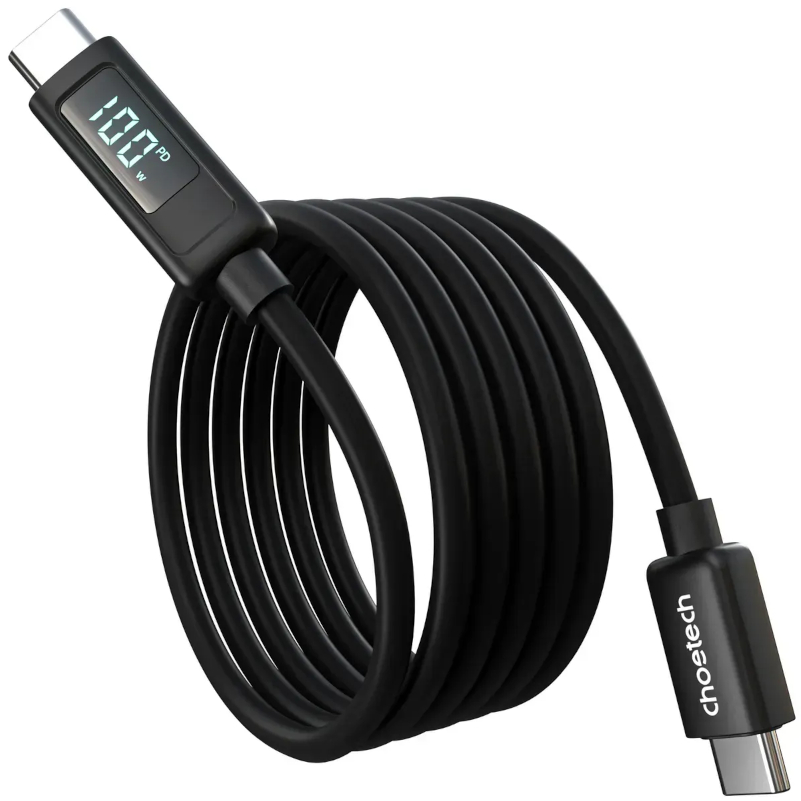 Кабель CHOETECH XCC-1063 USB Type-C - USB Type-C 1.8 м Black Дополнительно LED-дисплей отображает текущую мощность подзарядки; Выходная мощность: до 100 Вт PD, Выходное напряжение: 20 В, Выходной ток: 5 А