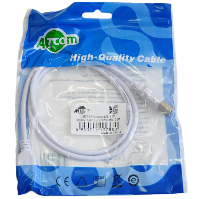 Удлинитель ATCOM USB 2.0 AM/AF ferrite 0.8m white (3788) Вид удлинитель