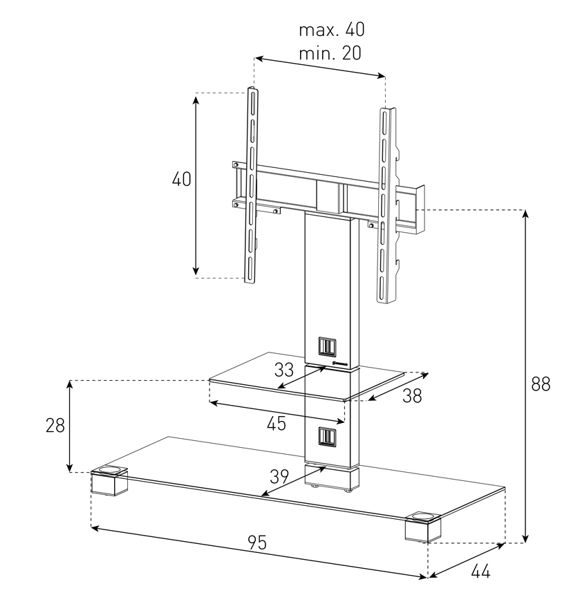 Стійка SONOROUS PL 2500-B-HBLK Рекомендована діагональ телевізора 40