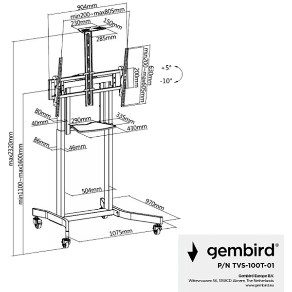 Изображение Стойка GEMBIRD TVS-100T-01 55"-100" (8716309129046)