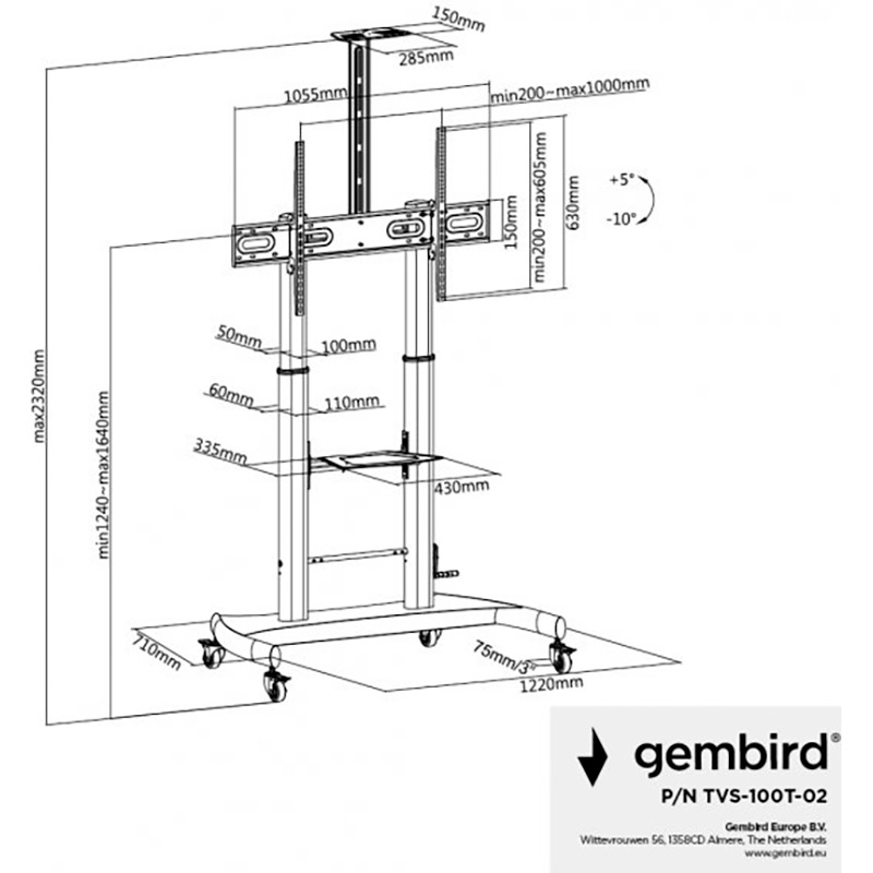 В інтернет магазині Стійка GEMBIRD TVS-100T-02 60"-100" (8716309129060)