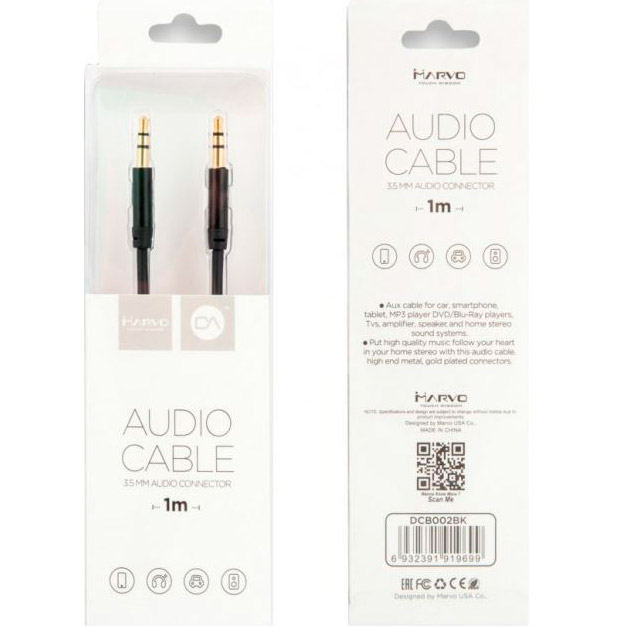 

Кабель MARVO DCB002 BK AUX 3.5 мм 1 м Black (DCB002.BK), DCB002 BK AUX 3.5мм, 1м black