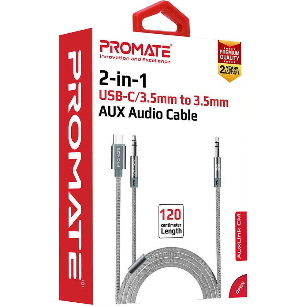 Переходник Promate AuxLink-CM AUX 3.5 мм to USB-C + AUX 3.5 мм 1.2 м Grey (auxlink-cm.grey) Вид переходник