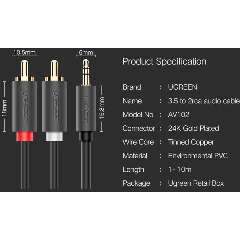 Покупка Кабель UGREEN AV102 mini-jack 3.5 мм - 2RCA 3 м Gray (10512)