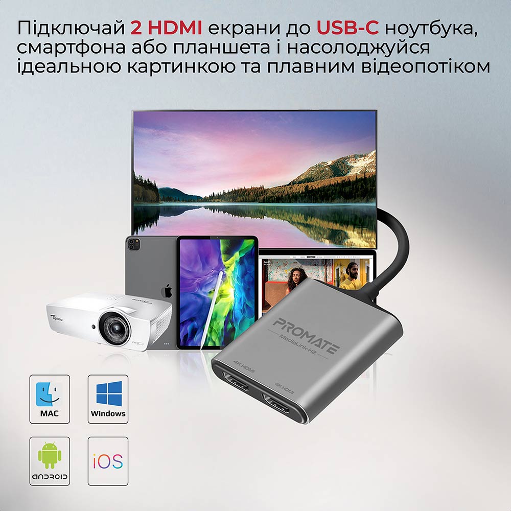 Перехідник PROMATE Type-C/2xHDMI (medialink-h2.grey) Тип роз'єму USB Type-C - HDMI
