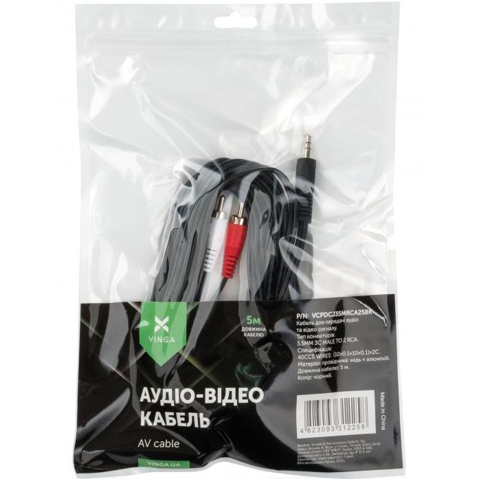 Кабель VINGA Jack 3.5 to 2xRCA 5 m (VCPDCJ35MRCA25BK) Тип разъема 3.5 - 2 x RCA