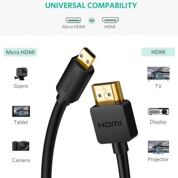 Кабель UGREEN HD127 microHDMI to HDMI 1 m v2.0 UltraHD 4K-3D Black 30148 (90402179) Тип разъема HDMI - micro HDMI