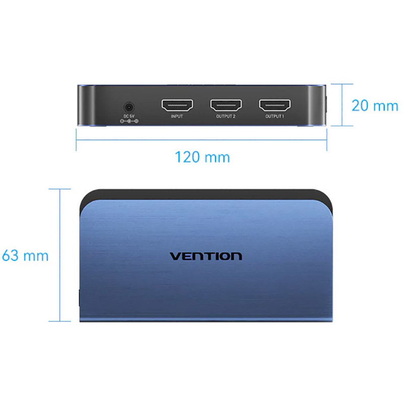 Спліттер VENTION HDMI 2.0 UHD 4K 60Hz HDCP 1x2 ports Blue Aluminum Alloy (AKEL0-EU) Вид перехідник