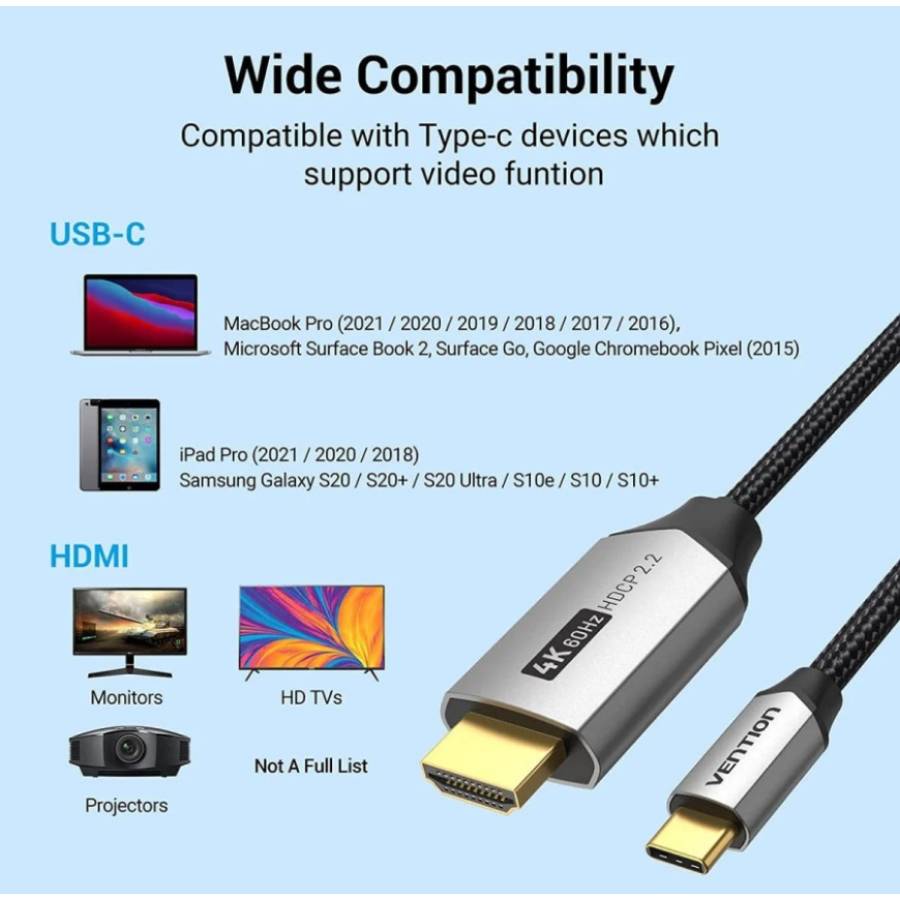 Зовнішній вигляд Кабель VENTION USB 3.1 Type-CM - HDMI M 1.5 м 4K Black (CRBBG)