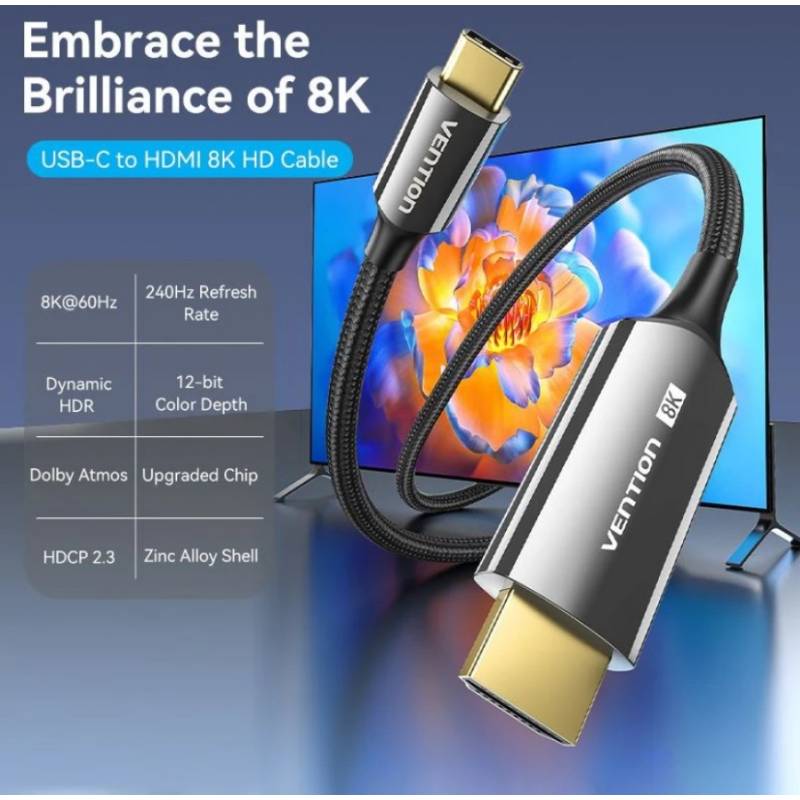 Кабель VENTION USB 3.1 Type-CM - HDMI M 1.8 м 8K Zinc Alloy TPE Black (CRCBAC) Тип роз'єму USB Type-C - HDMI