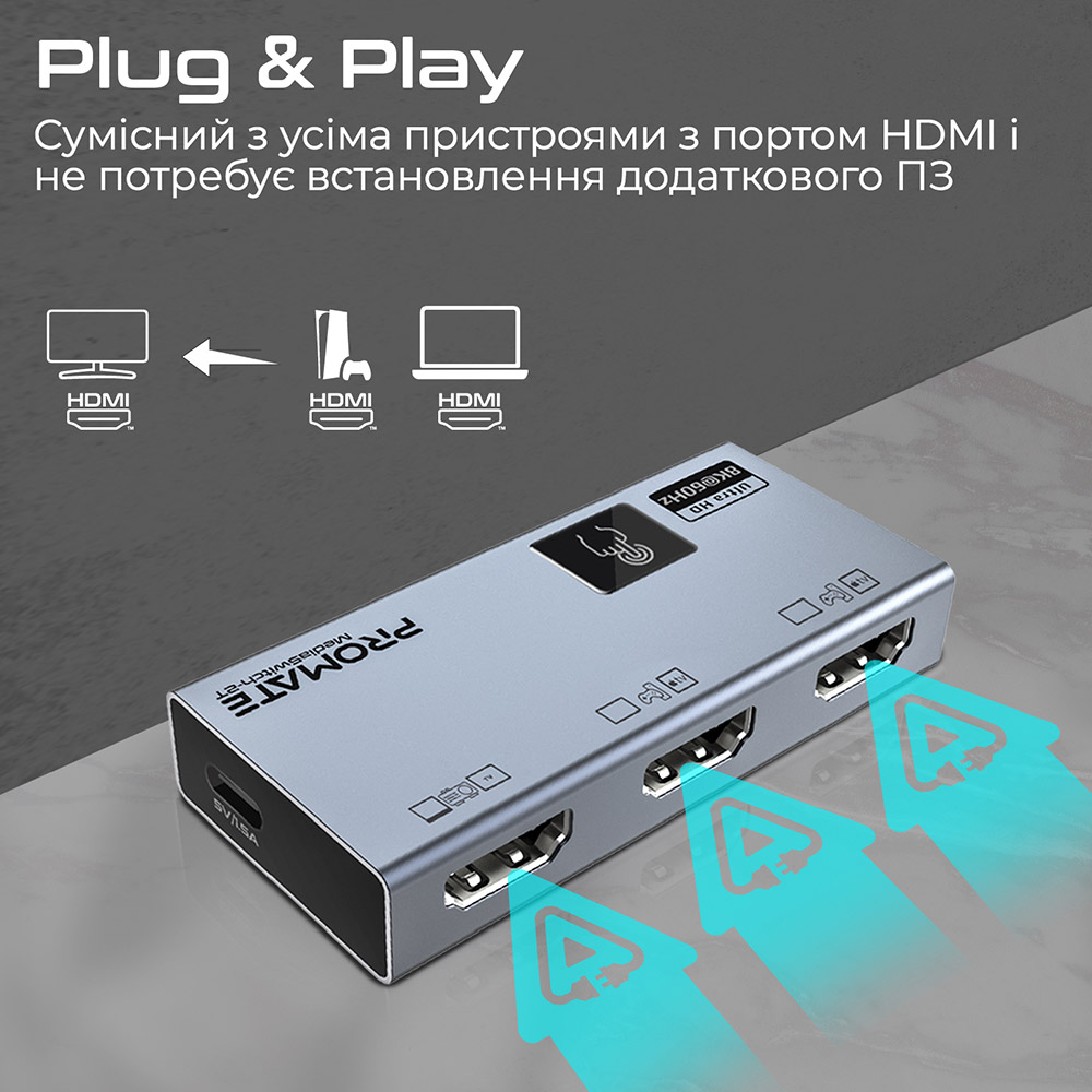 Фото Світч Promate MediaSwitch-2T HDMI to HDMI Silver (mediaswitch-2t)