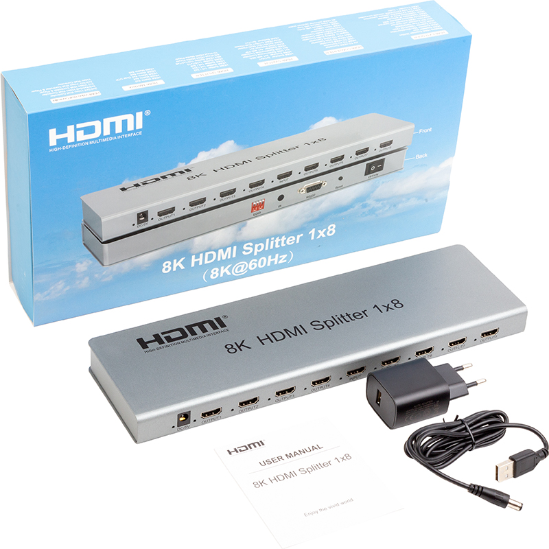 Спліттер POWERPLANT HDSP8K-8 HDMI 1x8 8K (CA914678) Конектори мама-мама