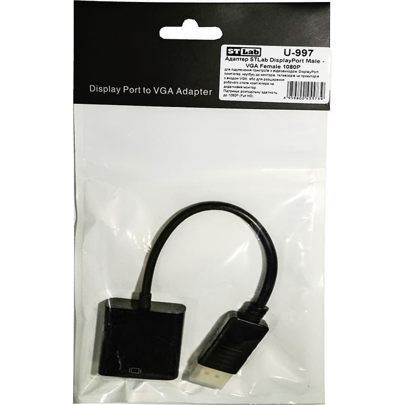 Зовнішній вигляд Перехідник STLAB DisplayPort - VGA Black (U-997)