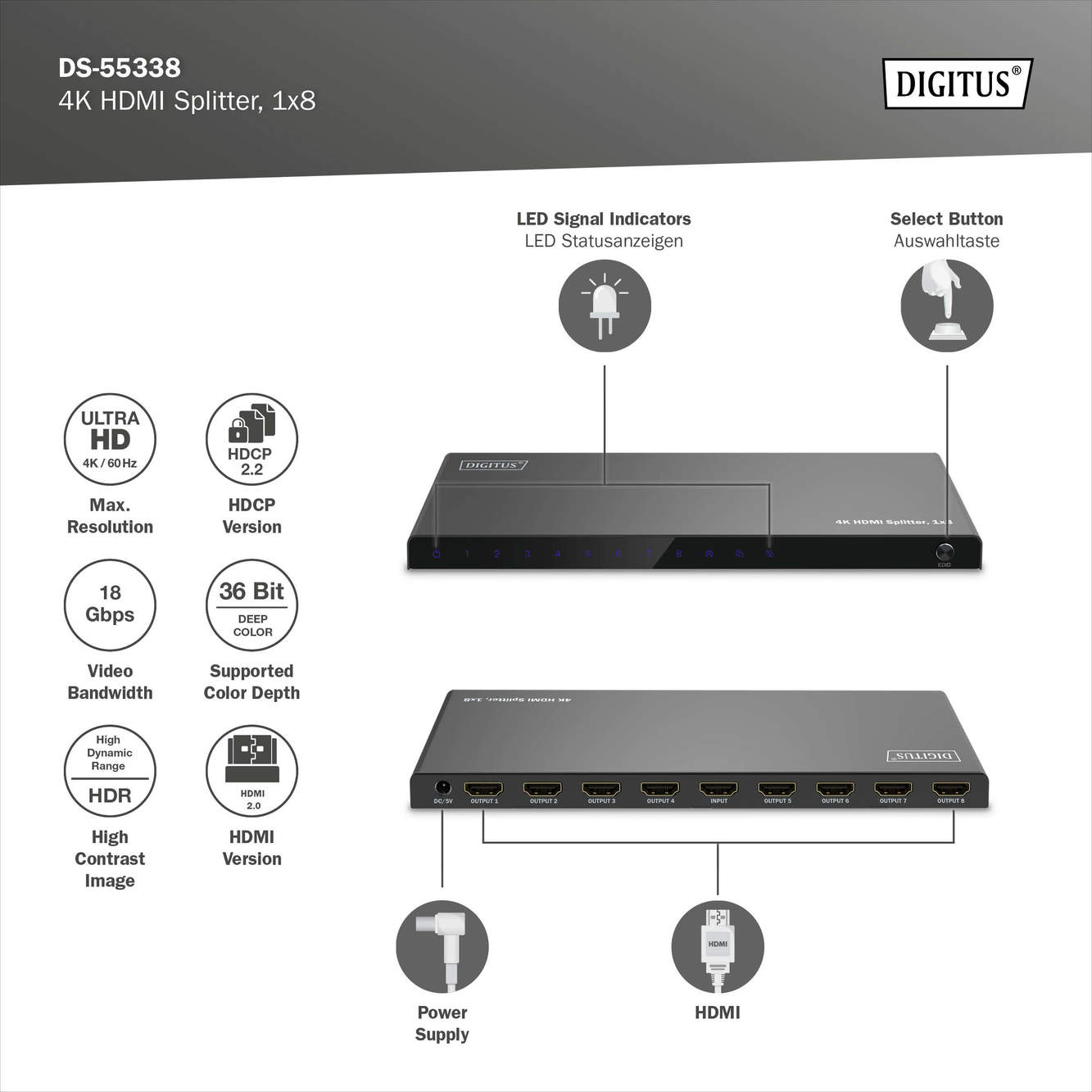 Зовнішній вигляд Відеоспліттер DIGITUS HDMI - 8 х HDMI Black (DS-55338)