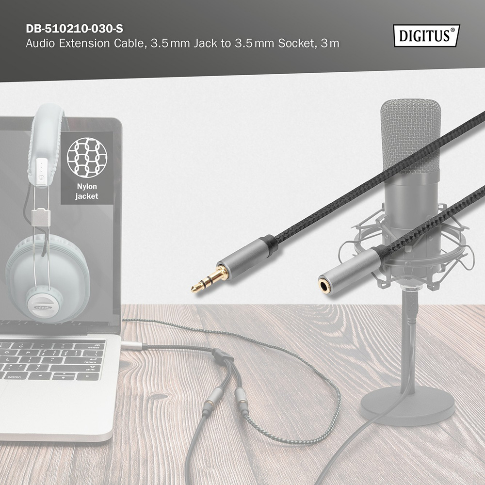 Кабель DIGITUS Audio Extension 3.5 мм M/F 3 м (DB-510210-030-S) Довжина 3