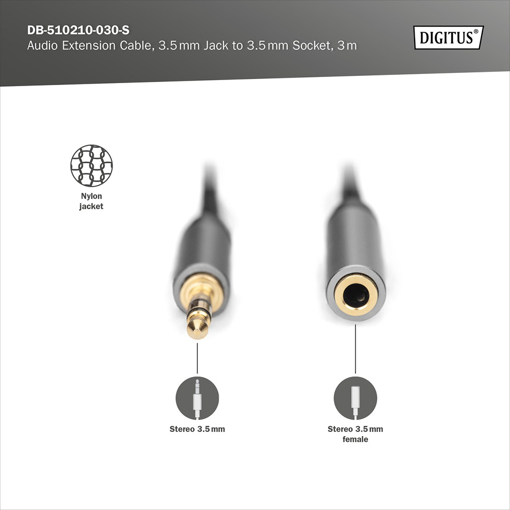 Кабель DIGITUS Audio Extension 3.5 мм M/F 3 м (DB-510210-030-S) Тип роз'єму 3.5 - 3.5