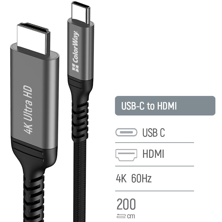 Кабель COLORWAY USB Type-C - HDMI 4K 60Hz 2м Black (CW-CBCHD077-BK) Довжина 2