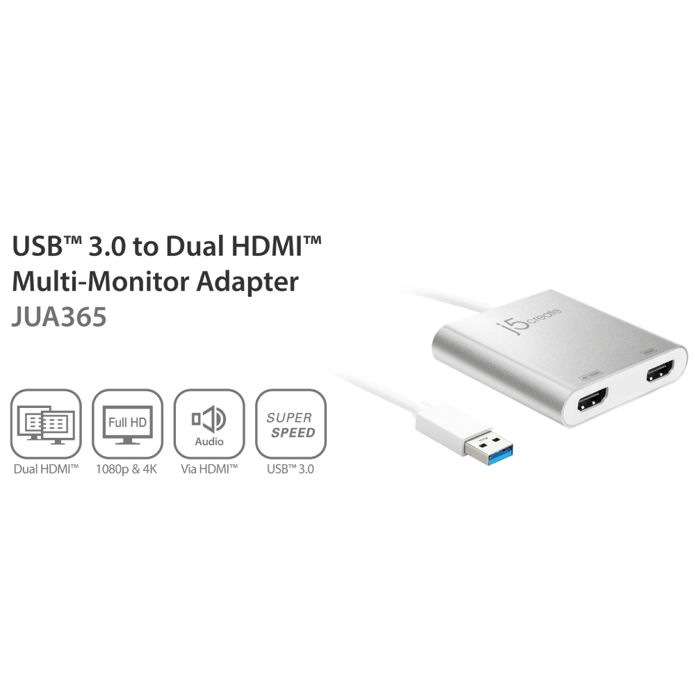 Перехідник J5CREATE JUA365-N USB - 2 x HDMI Silver Конектори папа-мама