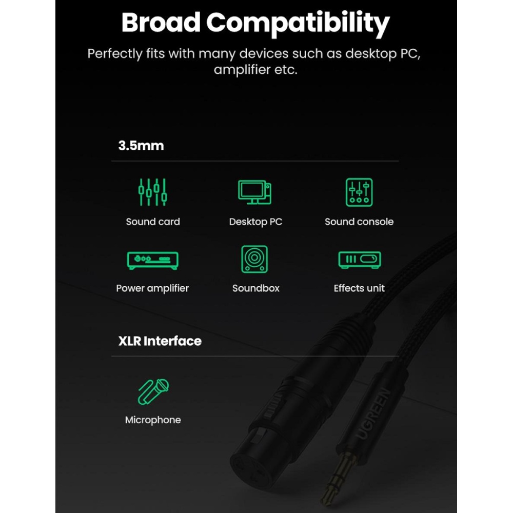 Зовнішній вигляд Кабель UGREEN 3.5мм XLR F AV182 2.0 м Black (20244)