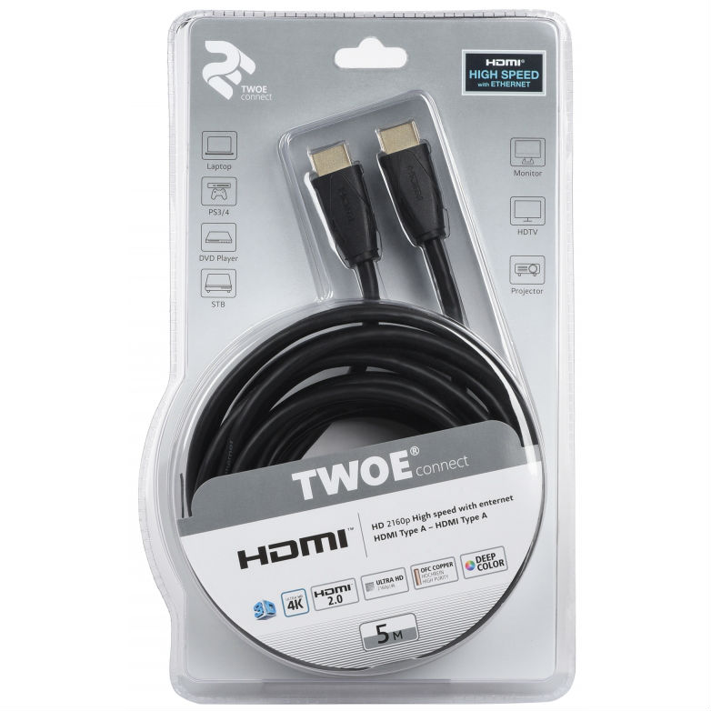 Кабель 2E HDMI 2.0 (AM/AM) Molding Type black 5m (2EW-1002-5m) Тип разъема HDMI - HDMI 