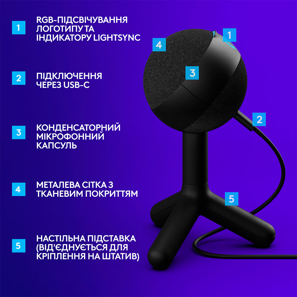 Мікрофон LOGITECH Yeti Orb RGB Gaming with LIGHTSYNC Black (988-000551) Тип для персонального комп'ютера