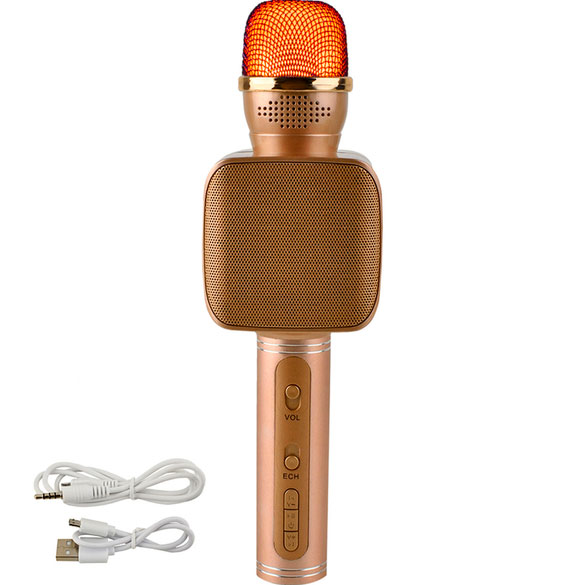 Мікрофон MAGIC KARAOKE YS-68 Gold (YS-68) Додатково вихідний штекер: USB, TF, AUX, Bluetooth; діапазон частот 100-10 000 Гц; опір 3.2 Ом; чутливість 115 Дб; вага 336 г; розміри 260 х 75 х 75 мм; інтерфейс: Micro USB; тип батареї: літій-іонний акумулятор 3.7V, 2200 mAh