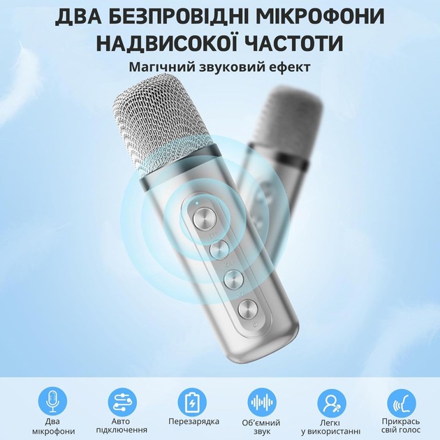 Портативна караоке-система INSPIRE YS-223 з 2 мікрофонами White Додатково Інтерфейси: USB; Кард-рідер; Bluetooth; AUX. Із вбудованим акумулятором.  Підключення мікрофона: Bluetooth. Два бездротові мікрофони.