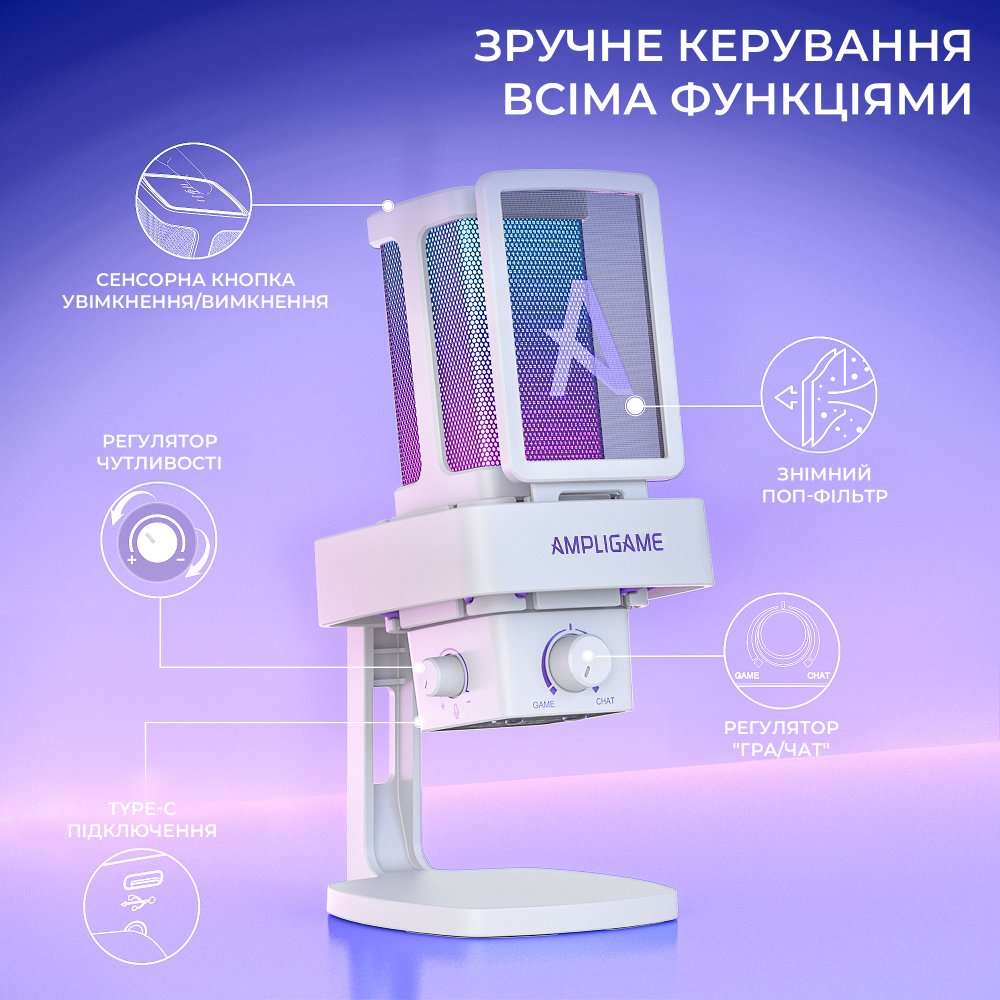 Зовнішній вигляд Мікрофон FIFINE Ampligame Q8PROW White