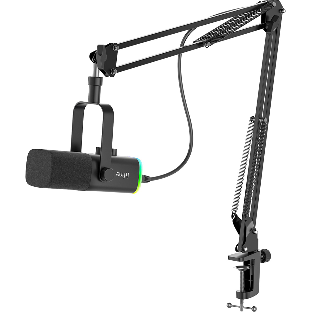 Микрофон FIFINE Black (AM8T) Дополнительно комплектация: USB/XLR микрофон, USB-кабель, стойка-пантограф, переходник, шестигранник, крепление к столу; RGB-подсветка; диапазон 50 Гц–16 кГц; чувствительность –50 ± 3 дБ; макс. давление 120 дБ; SNR &gt; 80 дБ; подключение USB-A/Type-C, XLR, jack 3.5 мм