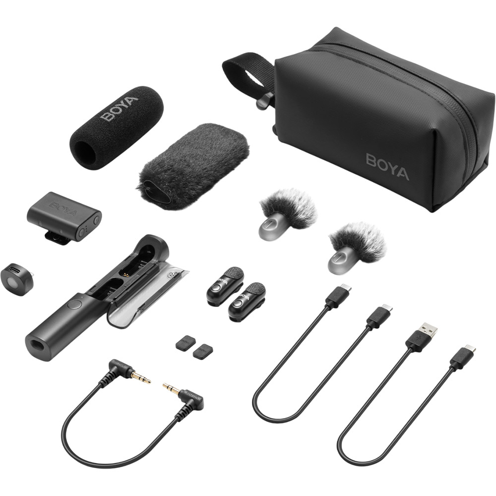 Беспроводной микрофон BOYA Magic-03 Type-C/TRS Black Комплектация 2 микрофона, ресивер Type-C, TRS-ресивер для камеры, зарядный кейс, аудиокабель 3,5 мм Jack – 3,5 мм Jack, зарядный кабель USB-A – USB-C, зарядный кабель USB-C – USB-C, 2 магнитных фиксатора, 2 меховых ветрозащитных экрана, ветрозащитный экран, сумка