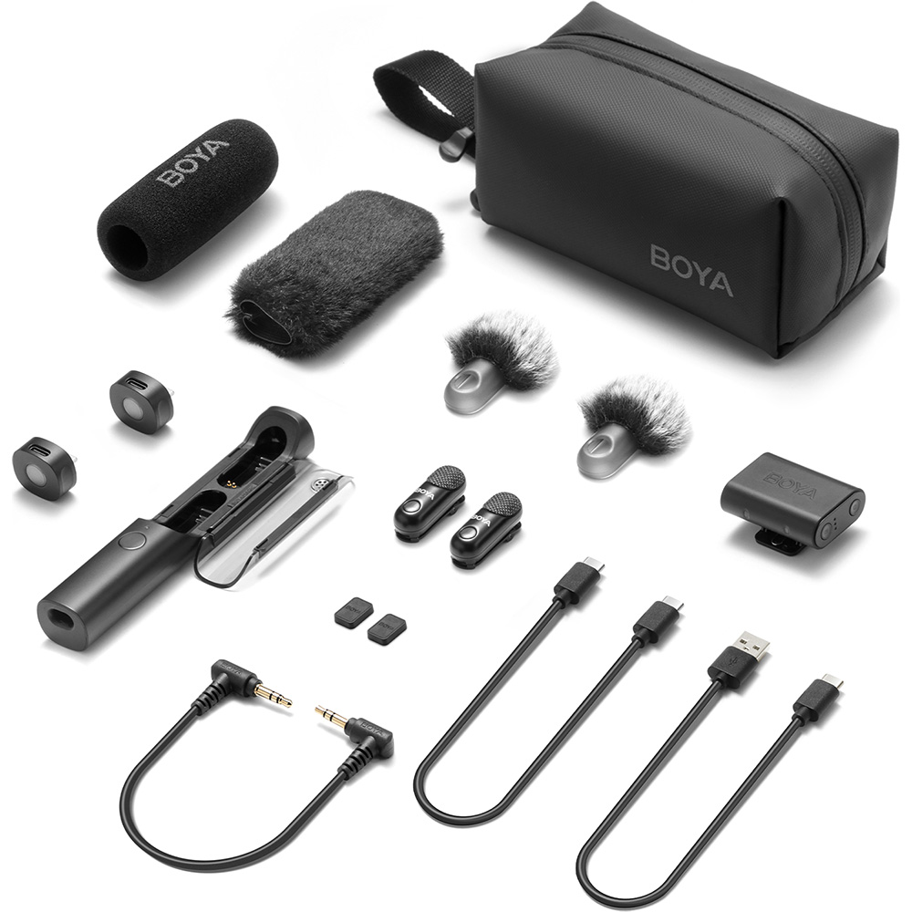 Микрофон BOYA Magic-07 Type-C/Lightning Black Комплектация 2 микрофона, ресивер Type-C+Lightning+TRS для камеры, кейс, аудиокабель 3,5 мм Jack – Jack, зарядный кабель USB-A – USB-C, зарядный кабель USB-C – USB-C, 2 магнитных фиксатора, 2 меховых ветрозащитных экрана, поролоновый+меховой ветрозащитный экран, сумка