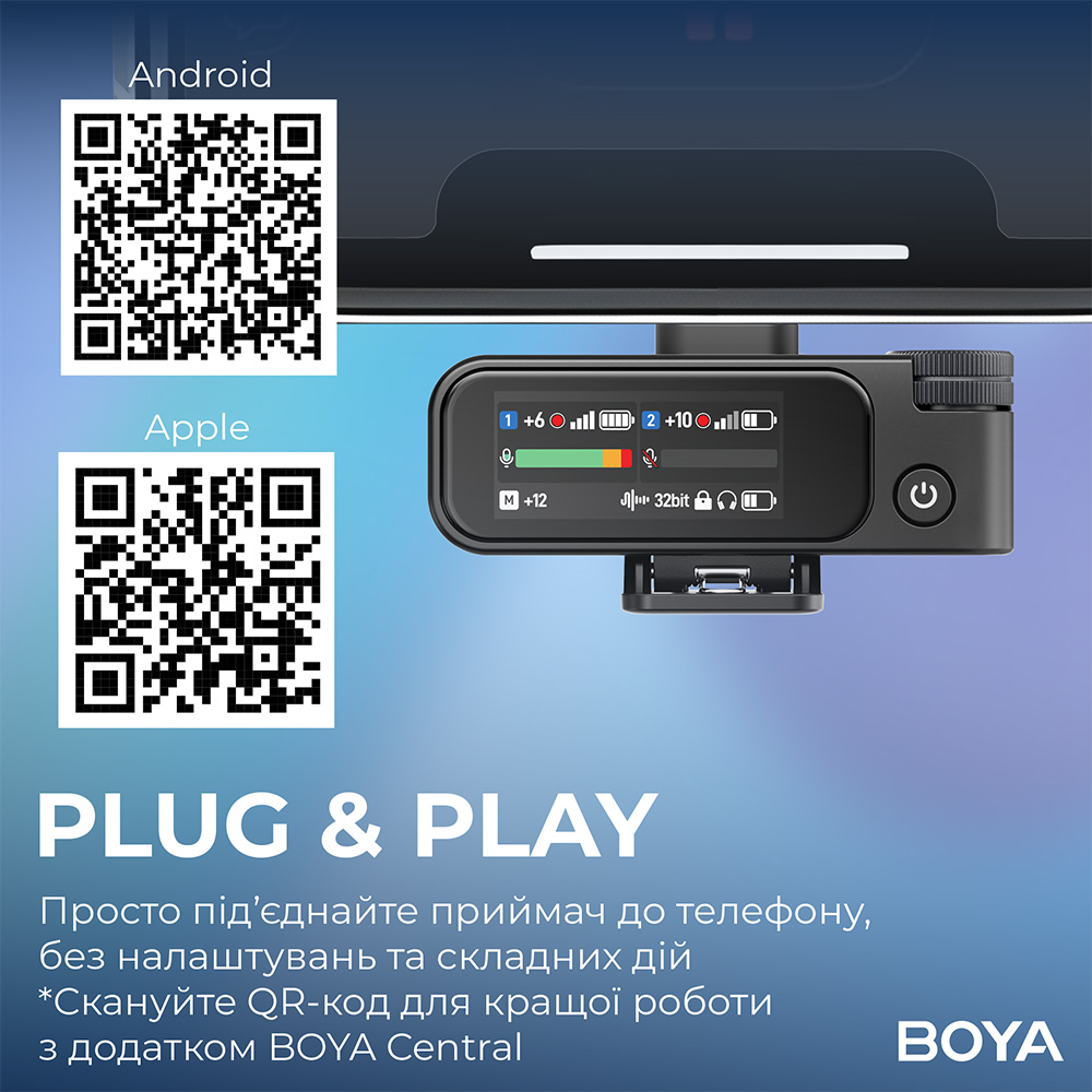 Микрофон BOYA MIC 2-02 Type-C/TRS Black Дополнительно Активное шумоподавление, встроенная функция записи до 8 ГБ, частота дискретизации 48 кГц, битрейт 24 бит, до 54 часов записи с кейсом, AMOLED-дисплей для управления функциями