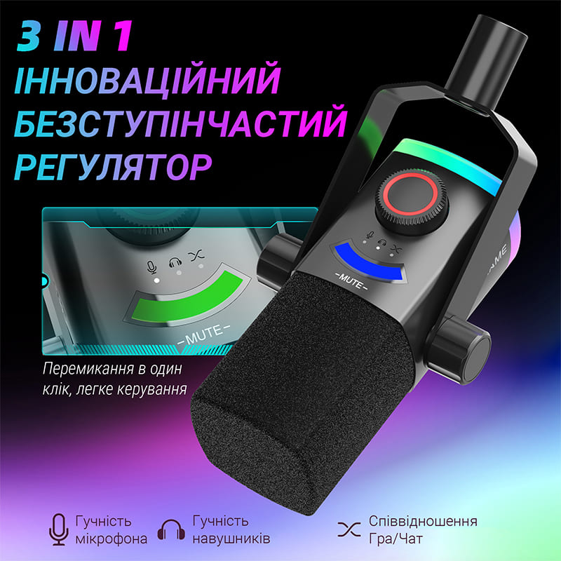 Микрофон FIFINE AM8PROT USB/XLR Black Дополнительно Регулятор 3-в-1; Сенсорная кнопка MUTE; Расширенная частота дискретизации и битрейт; Регулируемая RGB-подсветка; Функция Игра/Чат; Поддержка программного обеспечения Fifine Genie