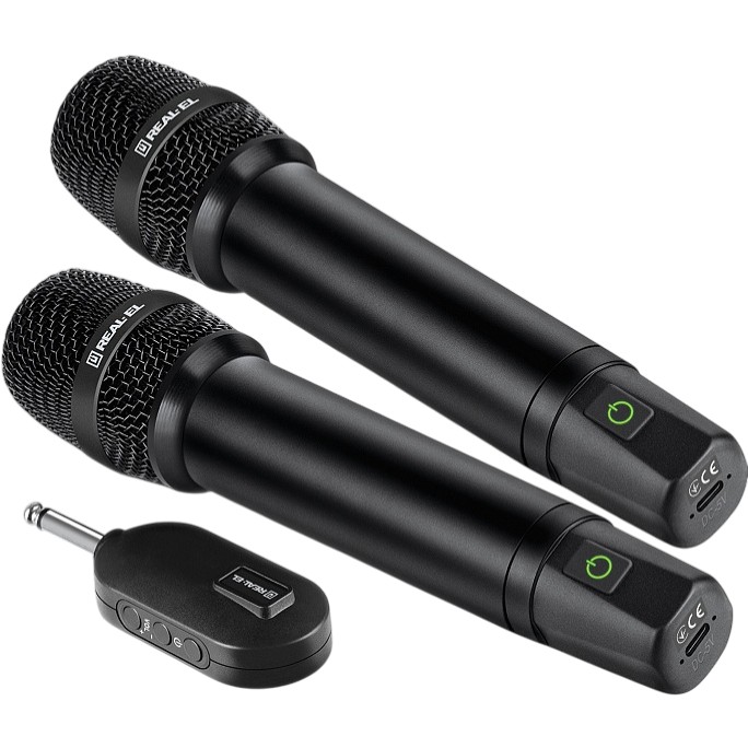 Набор микрофонов REAL EL KM-850 2 шт Black (EL121900002) Комплектация Динамический микрофон для караоке с беспроводным подключением 2.4 ГГц - 2 шт; ресивер; подставка - 2 шт; кабель питания USB; адаптер TS 1/4" - 3.5 мм; руководство пользователя; гарантийный талон