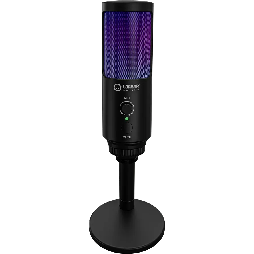 Мікрофон LORGAR Voicer SMP40 RGB Black (LRG-SMP40-BK) Додатково Кнопка вимкнення/вмикання, Однонаправлений, Радіус захоплення звуку – 50 см, Діаметр капсули – 16 мм, Частота дискретизації – 24 bit/48 kHz, RGB освітлення; 32 Ом
