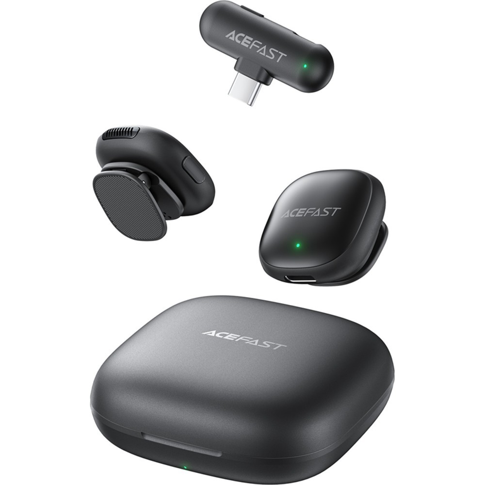 Микрофон ACEFAST R1 Black (6974316284895) Дополнительно 48 кГц/24 бит; всенаправленный 360°; цифровое шумоподавление; задержка 25 мс; AI шумоподавление; зарядка через приемник; эффект реверберации; режим отключения звука; быстрая зарядка; автоматическое подключение; одновременная работа двух микрофонов