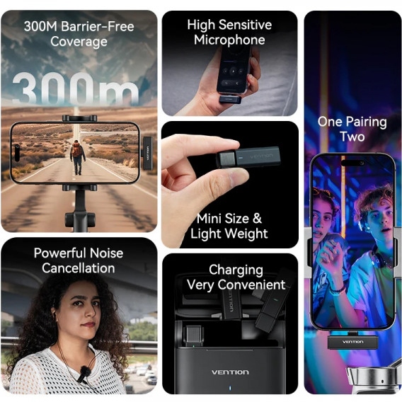 В Україні Мікрофон VENTION USB-C 2-Pack Wireless Lavalier with Charging Case Black (NCAB0)