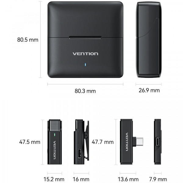 Мікрофон VENTION USB-C 2-Pack Wireless Lavalier with Charging Case Black (NCAB0) Додатково Розмір мікрофона: 47.5 x 15.2 x 16 мм; Діапазон частот: 20 - 20000 Гц; Час роботи: 7 год (з зарядним футляром - 30 год), Час зарядки: 1.5 год, Ємність акумулятора: 600 мАг (мікрофон 100 мАч), Частота дискретизації: 48 кГц