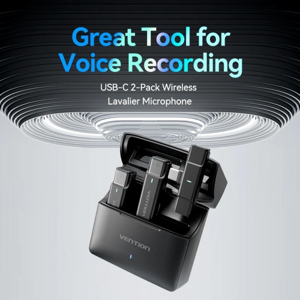 Зовнішній вигляд Мікрофон VENTION USB-C 2-Pack Wireless Lavalier with Charging Case Black (NCAB0)
