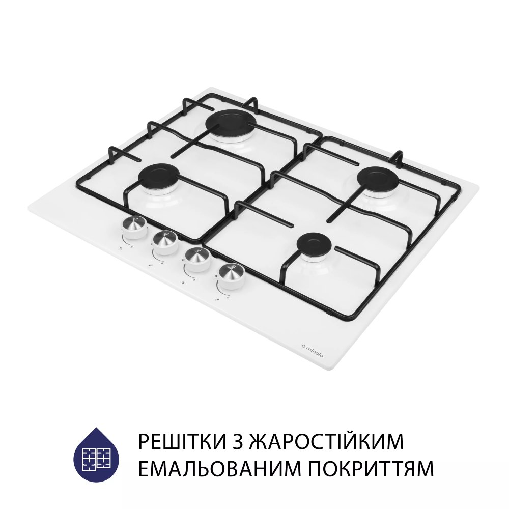Варильна поверхня MINOLA MGM 61404 WH Комплектація Інструкція, Гарантійний талон, Мікрофіша, Монтажний комплект Перехідник на балонний газ, Шнур з вилкою
