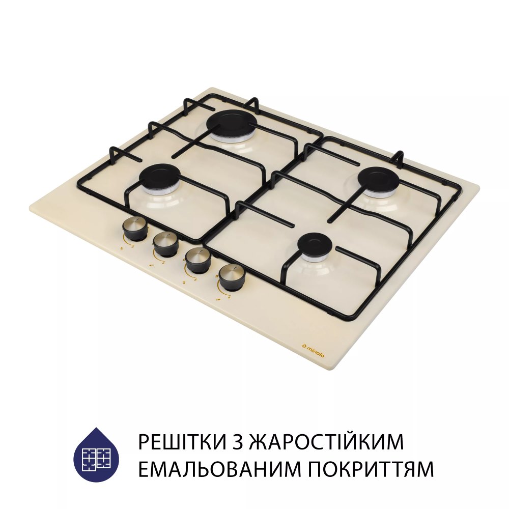 Варильна поверхня MINOLA MGM 61404 IV Комплектація Інструкція, Гарантійний талон, Мікрофіша, Монтажний комплект Перехідник на балонний газ, Шнур з вилкою