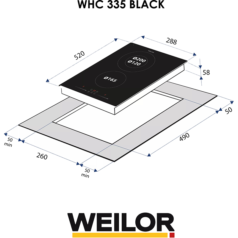 Варильна поверхня WEILOR WHC 335 BLACK Центральна задня 1000/2000 Вт, 120/200 мм