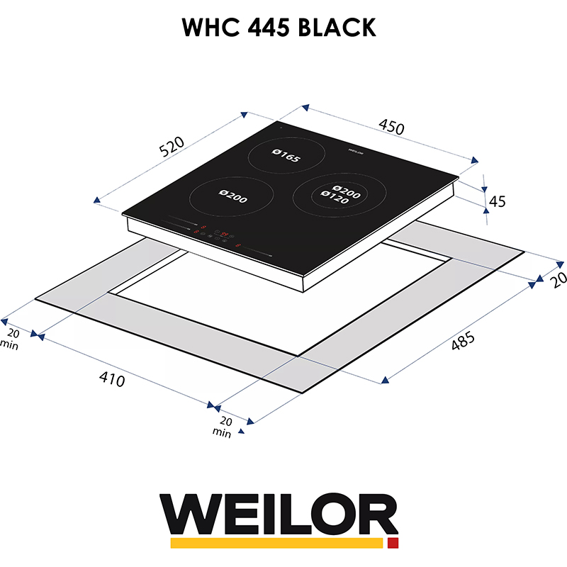 Варильна поверхня WEILOR WHC 445 BLACK Права 1000/2000 Вт, 120/210 мм