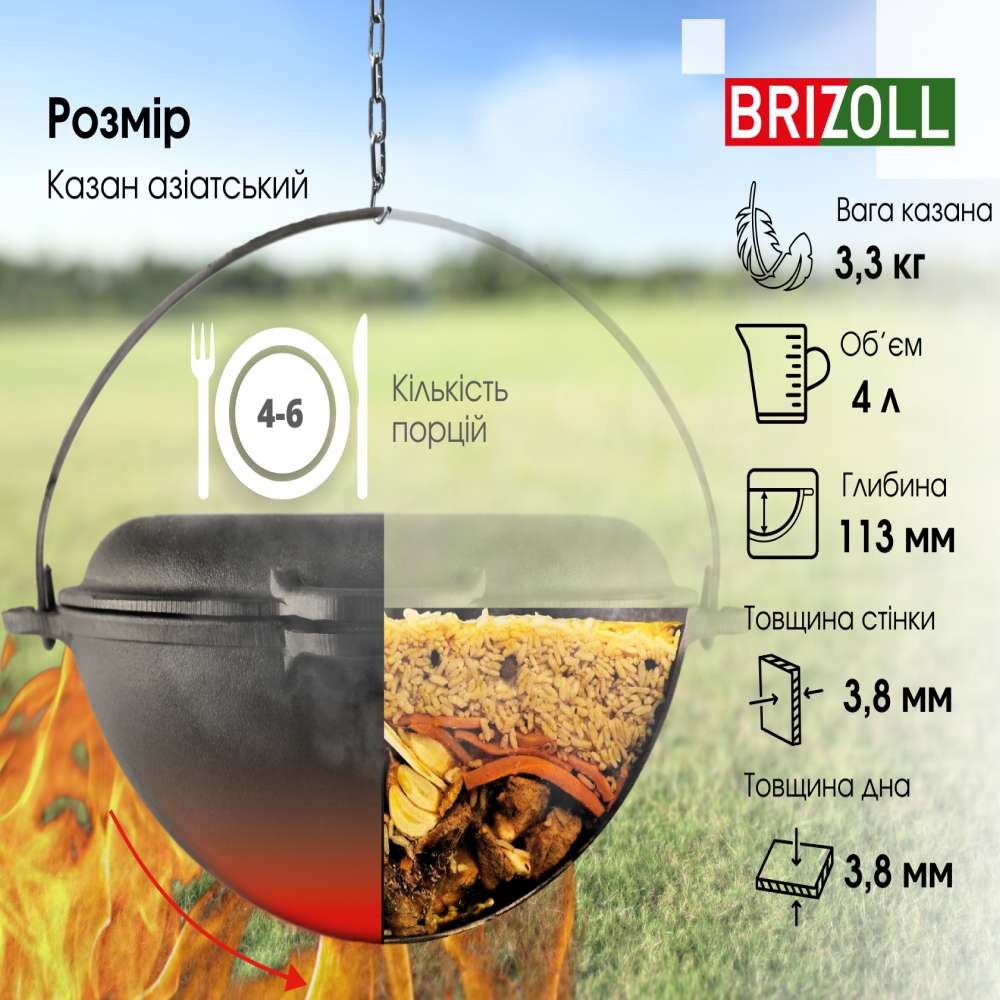 Огляд Котел BRIZOLL Азіатський чавунний з кришкою-сковородою 4 л (KA04-2)