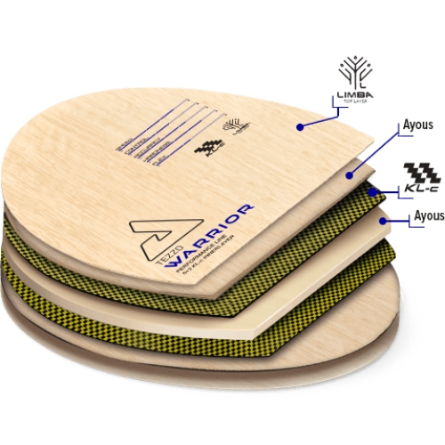 Підстава для ракетки JOOLA Tezzo Warrior FL (61210) Матеріал верхній шар шпону з деревини Limba, внутрішні шари шпону з деревини Ayous + 2 шари карбонового волокна