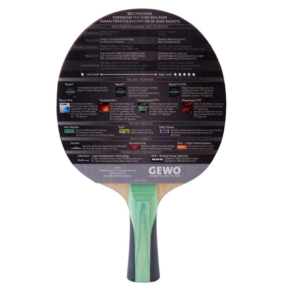 Настільний теніс GEWO CS Energy Carbon Pro FL (1057500001) Додатково Швидкість: 92/100; контроль: 77/100; обертання: 93/100; форма ручки: конічна (FL, Flared)