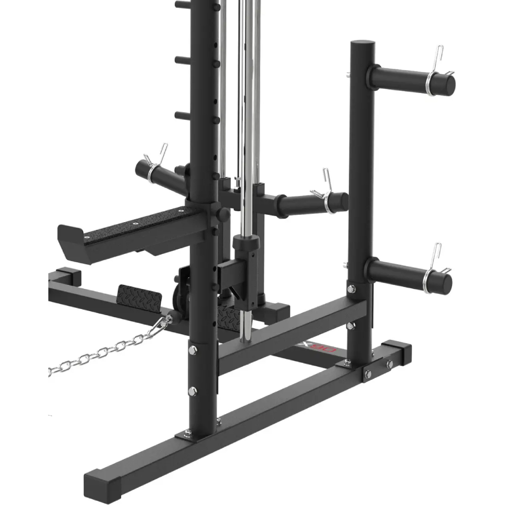 Мультистанция TOORX Weightlifting Station WLX 90 Black (WLX-90) Комплектация 2 J-образных держателя, 2 опоры для безопасности, рукоятка для вертикальной тяги, прямая рукоятка, турник, держатели для дисков диаметром 25 мм и 50 мм, 8 пружинных зажимов диаметром 49 мм