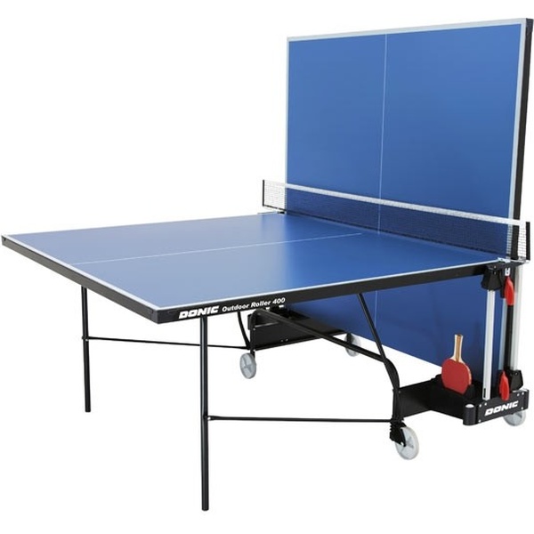 Стіл тенісний DONIC Outdoor Roller 400 Blue (230294-B) Додатково складана конструкція; стільниця водостійкий меламін 4 мм; металеве окантування 36 мм; 4 колеса Ø128 мм із гумовим протектором; осередки для зберігання ракеток та м'ячів