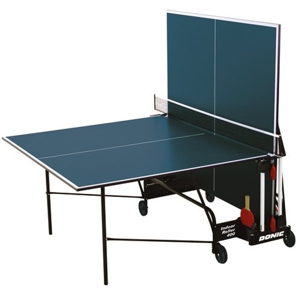 Стіл тенісний DONIC Indoor Roller 400 Blue (230284) Додатково складана конструкція; стільниця 19 мм; 4 колеса; осередки для зберігання ракеток та м'ячів